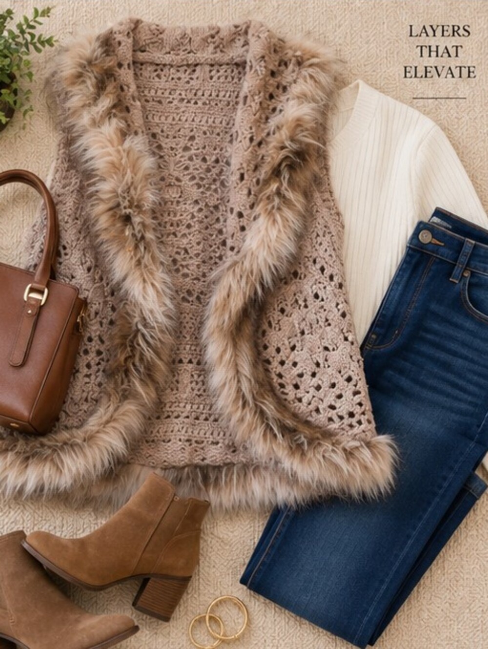 INC International Concepts Crochet Faux Fur Trim Vest Size L Wool Angora Blend
